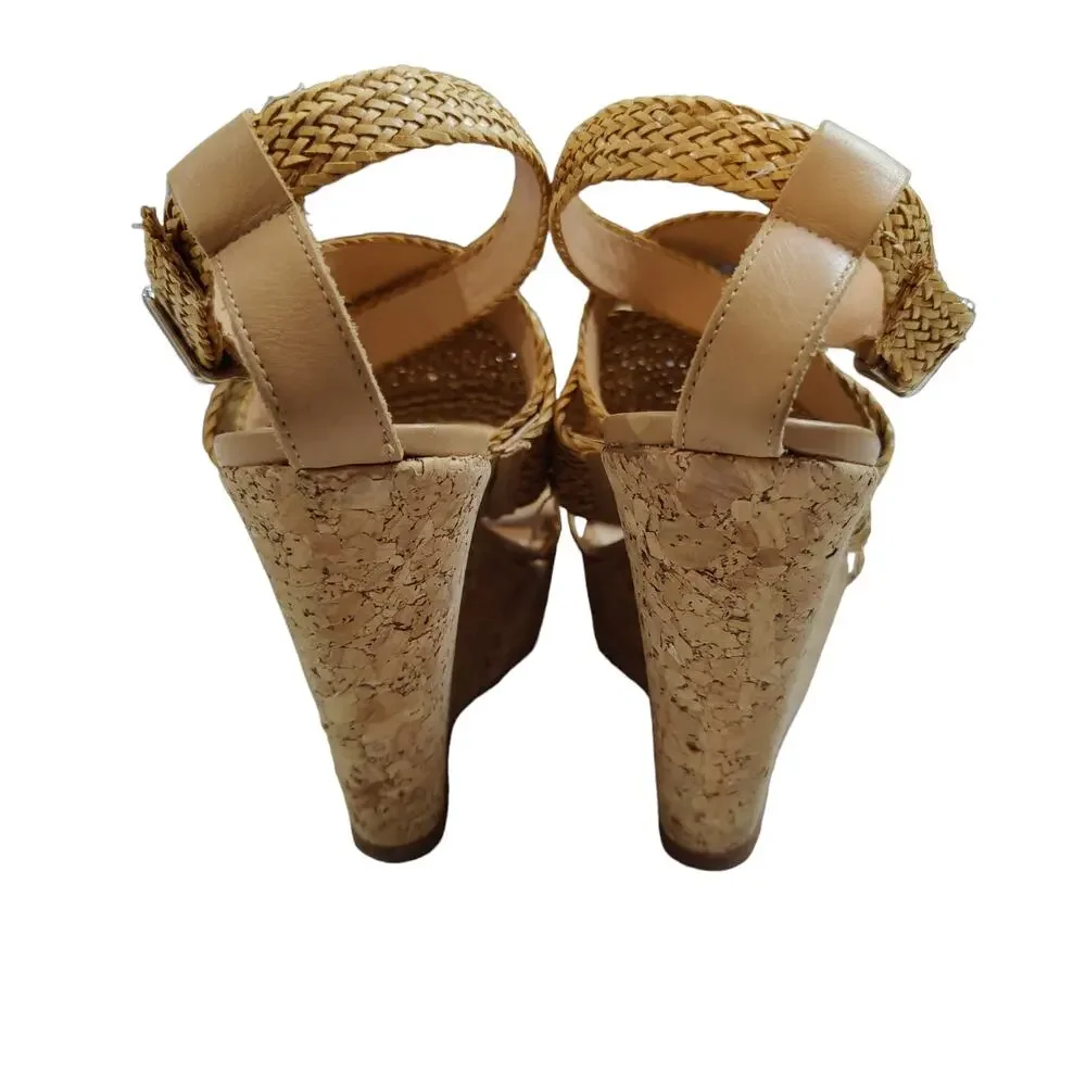 Loeffler Randall Women's Sz 9.5 Lake Strappy Woven Cork High Wedge Sandal Tan